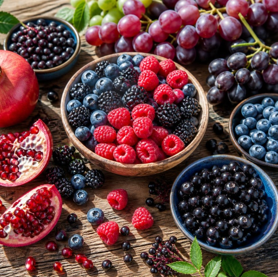 blueberries, elderberries, chokeberry, blackberries, raspberries